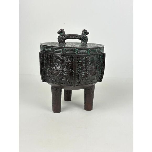 Vintage James Mont Style Bronze Ice Bucket Midcentury Asian Aztec Taiwan Patina